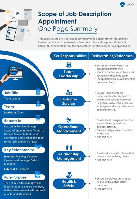 Scope of job description appointment one page summary presentation report Report Infographic, Strategic Planning Process, Project Dashboard, Task Analysis, Green Marketing, Unique Jobs, Team Leadership, Job Description Template, Blog Titles