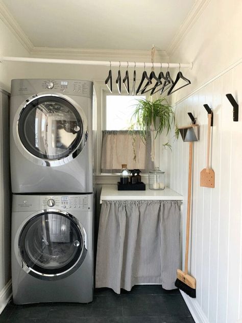 Our laundry room is small and is also part mudroom, but it's completely functional and thanks to a mini refresh...it looks so much better. The power of paint! #paintedfloors #paintedtile #laundryroom #laundry #cafecurtain #laundrystorage #smallspacesolutions Table With Curtain, Basic Laundry Room, Basic Laundry, Concealed Laundry, Laundry Room Makeover Ideas, Laundry Room/mudroom, Patterned Tile Backsplash, Kate Marker Interiors, Small Laundry Room Makeover