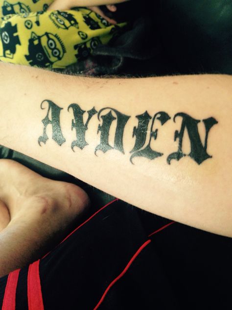 Ayden; my sons name Sons Name Tattoo Ideas For Men, Sons Names Tattoo, Tattoo Sons Name, Small Tattoos Sons Name, Hayden Tattoo Name, Tattoo Samples, Name Tattoo, My Sons, Name Tattoos