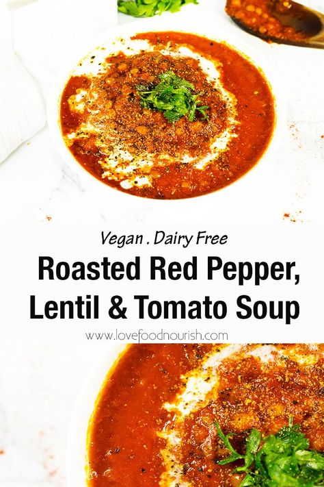 You will loves this hearty roasted red pepper, lentil and tomato soup. Filling, healthy and satisfying, this dairy free and vegan soup is perfect for a chilly day. #vegan #vegansoup #dairyfree #dairyfreesoup #soup #healthysoup #winterfood  #tomatosoup #lentilsoup #redpeppersoup Lentil Tomato Soup, Nourishing Soup, Slow Cooker Balsamic Chicken, Tomato Lentil Soup, Clean Dinner Recipes, Dairy Free Soup, Vegan Lentil Soup, Free Lunch, Clean Eating Recipes For Dinner