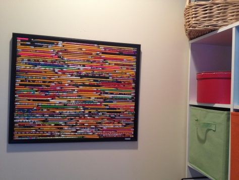 What to do with all those old pencils from my kids' backpacks?  Frame it for a bulletin board/art.  Kinda cool?! Building Projects, Scrabble Tiles, Eclectic Home, Colored Pencil, Displaying Collections, Kids Decor, Creative Crafts, Paper Crafting, Colored Pencils