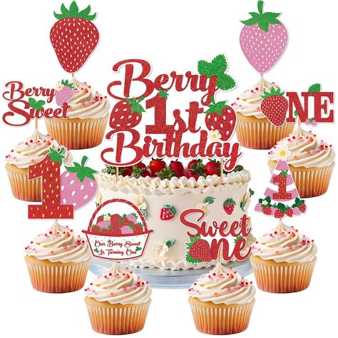 PRICES MAY VARY. package includes: the berry first birthday decor contain 1pc berry 1st birthday cake topper and 24pcs strawberry cupcake toppers. 8 unique designs of berry sweet one birthday party decorations for cupcakes, ice cream, cheese, and any other dessert dish. using our strawberry first birthday decorations cake topper to decorate your party food and make them look more delicious, which is a best choice for your children nice design: the strawberry party cake decorations includes exqui Berry 1st Birthday Party Decorations, Berry 1st Birthday Cake, Strawberry Cake Design, Sweet One Birthday Party, Strawberry Cake Decorations, Berry 1st Birthday, Sweet One Birthday, First Birthday Decor, First Birthday Cupcakes