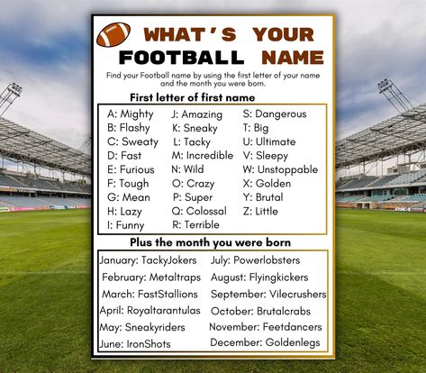 "What's Your Football Nickname? | What's Your Name Game | Football Name Game | Football Party Game |  Big Game | Game Day  DOWNLOADING Your files will be available for immediate download after purchase. Just go to My Account > Purchases > And then look for the \"Download\" button on the right hand side. * * * * * * * * * * * * * * * * * * * * * ABOUT THE COLORS Because every computer monitor is calibrated differently, the colors depicted on your screen may be slightly different from the actual print. * * * * * * * * * * * * * * * * * * * * * This is a digital product - No physical product will be shipped." Funny Name Generator, Football Party Games, Football Players Names, Superbowl Party Games, Lsu Game, What's Your Name, Football Names, Name Game, Football Birthday Party