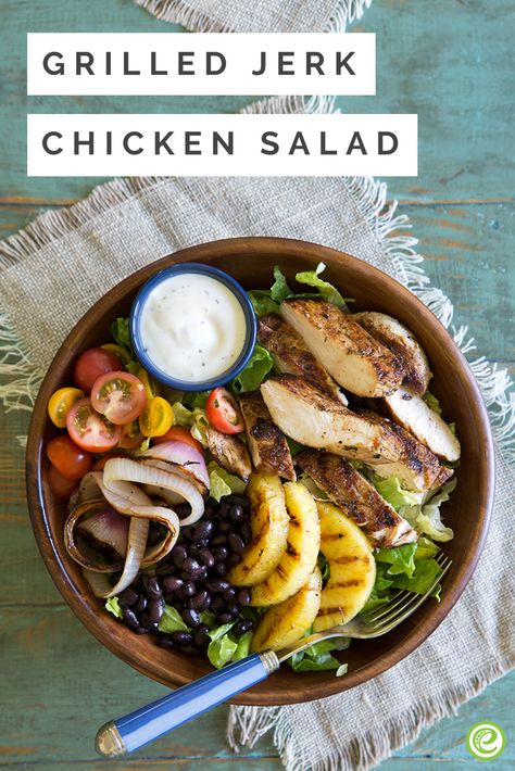 Grilled Jerk Chicken Salad | eMeals.com Jerk Chicken Salad, Grilled Jerk Chicken, Simple Eating, Low Carb Vegetarian, Jerk Chicken, Keto Meal Prep, Jamaican Recipes, Smart Cooking, Budget Friendly Recipes