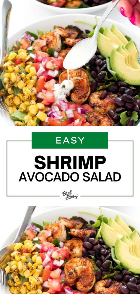 This Easy Healthy Shrimp Avocado Salad Recipe is loaded with tons of flavor and piled high with fresh ingredients like salsa, corn, black beans, avocado, and spicy blackened shrimp. This is an easy, healthy, and tasty spring or summer meal! Follow Chef Savvy for more Easy Weeknight Dinner Recipes! Shrimp And Black Bean Recipes, Jalapeno Dressing, Honey Jalapeno, Shrimp Avocado Salad Recipe, Easy Spring Recipes, Healthy Spring Recipes, Chef Savvy, Avocado Bowl, Shrimp Avocado Salad