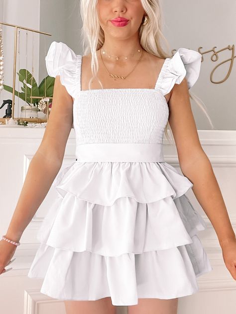 Sweet Sorbet White Ruffle Dress | Sassy Shortcake | sassyshortcake.com Cute Mini Dress With Ruffled Straps, Cute Mini Dress With Ruffled Straps And Ruffles, Cute Tiered Ruffle Mini Dress, Cute Tiered Mini Dress With Ruffles, Cute Tiered Skirt Mini Dress With Ruffles, Cute Tiered Ruffled Mini Dress, White Tiered Dress With Layered Hem, White Tiered Maxi Dress With Ruffles, White Tiered Dress With Ruffles