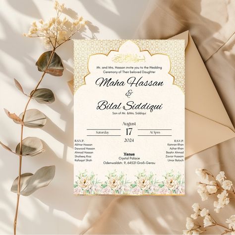 Desi Nikkah, Golden Aesthetic, Wedding Invitation Card Template, Islamic Wedding, Wedding Invitation Card, Desi Wedding, Digital Weddings, Wedding Card Design, Muslim Wedding