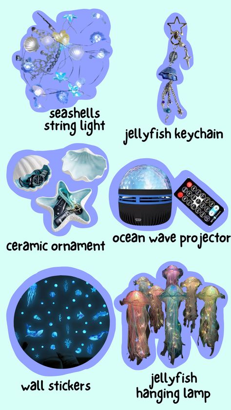 my recommendation for ocean room decoration style seashells string light, jellyfish keychain, starfish seashell ceramic ornaments, ocean wave projector for room, wall sticker glow in the dark, jellyfish hanging lamp Ocean Inspired Room Bedrooms, Sea Inspired Room Decor, Jellyfish Decor Diy, Jellyfish Room Ideas, Ocean Themed Desk, Dark Ocean Bedroom, Cute Ocean Room Ideas, Bedroom Decor Themes, Ocean Room Aesthetic Ideas