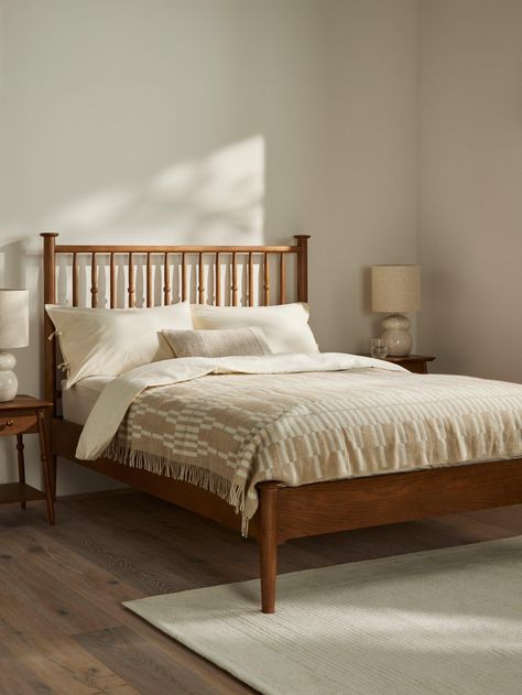 John Lewis Edwin Bed Frame, Double, Stained Oak Bed Design Traditional, Light Oak Bed, Spindle Bed Bedroom, Wooden Bed Frame Styling, Wooden Bed Frame Ideas, Wooden Headboard Ideas, Oak Bedroom Ideas, Oak Furniture Bedroom, Classic Style Bedroom