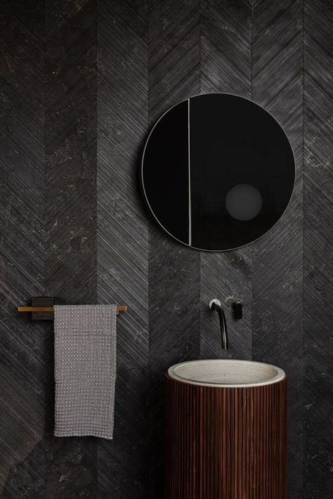 Black Tile Bathroom Floor, Dark Modern Bathroom, Modern Vanities, Black Tile Bathrooms, Dark Bathrooms, Sophisticated Bathroom, Bathroom Showrooms, Black Tiles, Bathroom Collections