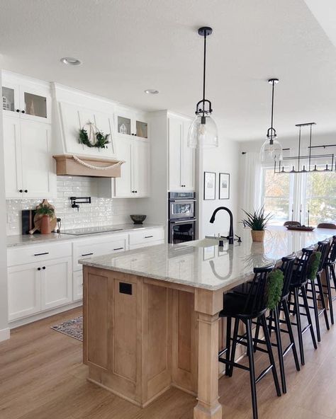 Farmhouse Build, White Subway Tile Kitchen, Farmhouse Island, Light Wood Kitchens, Dark Wood Kitchens, Wood Island, House Updates, Wood Kitchen Island, Farmhouse Kitchens