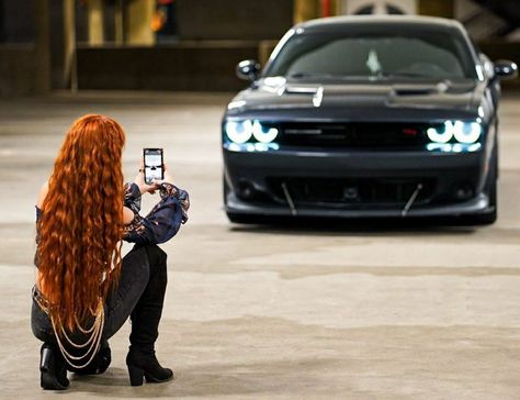 Challenger Photoshoot, Nina Aesthetic, Car Shoot, Classic Car Photoshoot, Dodge Hellcat, Car Modeling, Car Photoshoot, Cars Photography, Car Poses