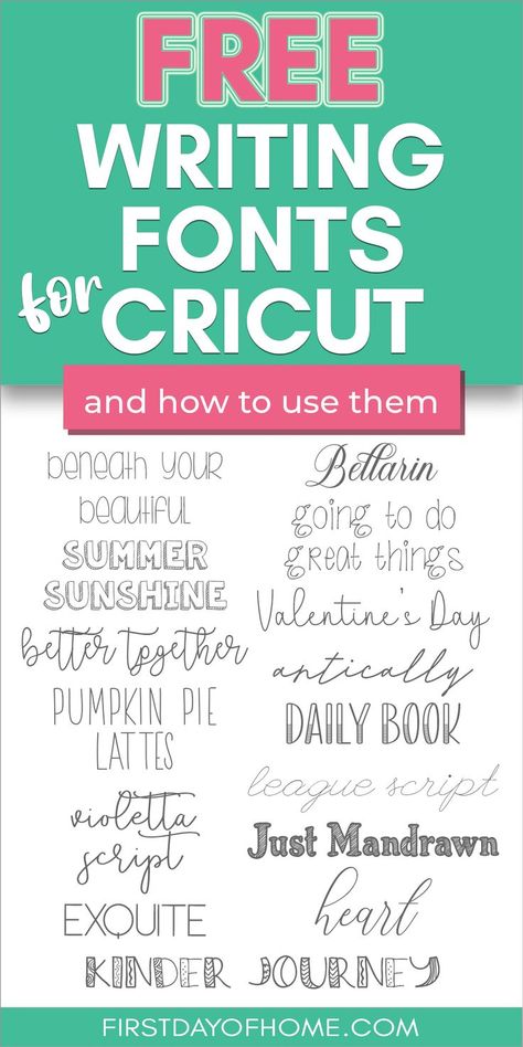 Collection of free Cricut fonts used for writing projects. Text overlay reads "Free Writing Fonts for Cricut" Free Cricket Fonts, Cricut Handwriting Fonts, Free Cursive Cricut Fonts, Writing Fonts For Cricut Free, Best Fonts For Writing With Cricut, Cricut Joy Fonts, Cricut Writing Fonts Free, Writing With Cricut Maker, Cricut Pen Fonts