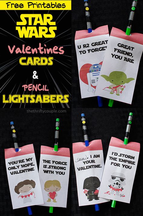 Free Star Wars Valentine's Printables! Printable Valentine Cards that are super cute with fun Star Wars saying and characters. You can then make any kind of Valentine's treat with these. Saves so much time and money. Starwars Valentines Cards, Star Wars Printables, Star Wars Valentines, Printable Star, Diy Pencil, Printable Valentines Cards, Star Wars Light Saber, Valentines Printables Free, Homemade Valentines