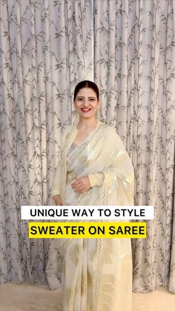 Winter Wear On Saree, Sweater With Saree Look, How To Style Saree In Winter Wedding, Styling Saree In Winter, Saree Styling In Winters, Saree In Winter How To Wear, How To Wear Saree In Winter, Winter Saree Look For Wedding, How To Style Saree In Winter