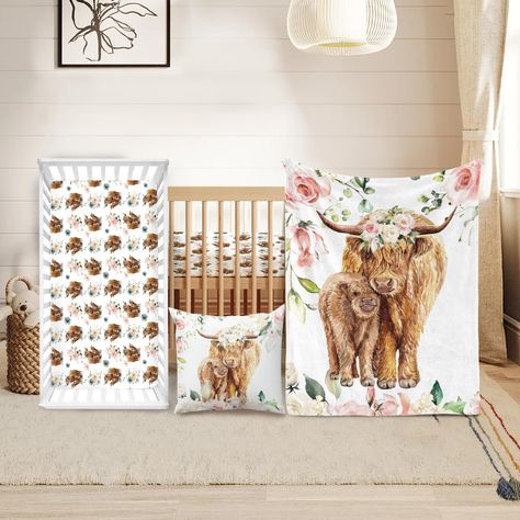 PRICES MAY VARY. Imagination Comes to Life: Embrace a jungle of creativity with our highland cow-themed crib bedding set, transforming your nursery into a playful sanctuary for your little one's dreams. Cozy Comfort: Crafted from soft jersey and minky fabrics, your baby will find snug solace amidst this delightful menagerie of friendly animals. Complete Nursery Ensemble: Elevate your nursery decor with a comprehensive set featuring a fitted crib sheet, cuddly animal-inspired blanket, and charmin Fluffy Cow Nursery, Highland Cow Nursery Gender Neutral, Highland Cow Girl Nursery, Highland Cow Nursery Girl, Baby Girl Western Nursery, Highland Cow Nursery Theme, Highland Cow Nursery, Nursery Western, Country Baby Rooms