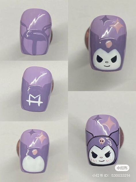 Hello Kitty Nail Art Tutorial, Easy Kuromi Nails, Anime Nail Art Tutorial, Nail Drawing Ideas Art Designs, Sanrio Nail Designs, Nail Art Techniques Step By Step, Nail Kuromi, Step By Step Nail Designs, Uñas Kuromi