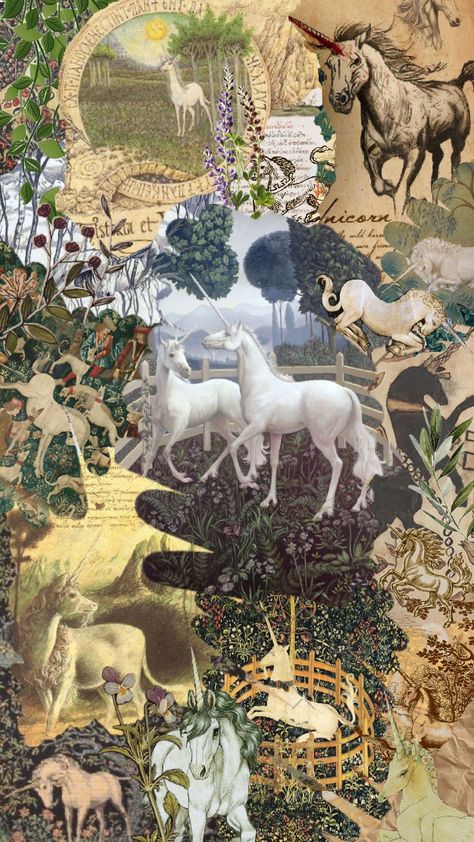 Vintage Unicorns #medievaltapestry #unicorn #vintage #medieval #mythical Unicorn Collage, Sequoia Forest, Unicorn Vintage, Green Academia, Medieval Aesthetic, Medieval Tapestry, Last Unicorn, Fantasy Forest, Medieval Art