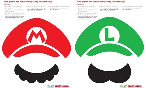 Mario and Luigi instant disguise kit - Printable hats & mustaches - Play Nintendo. Mario And Luigi Hats, Luigi Hat, Super Mario Hat, Mario Crafts, Mario Hat, Super Mario Bros Birthday Party, Mario Y Luigi, Super Mario Bros Party, Turkey Disguise