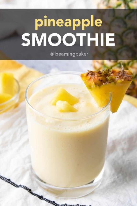 Tropical sunshine vibes in a cup with today’s pineapple smoothie! Learn how to make a pineapple smoothie with milk and yogurt in minutes! | Recipe at BeamingBaker.com Smoothie With Milk, Pineapple Mango Smoothie, Beaming Baker, Strawberry Pineapple Smoothie, Smoothie Without Banana, Pineapple Banana Smoothie, Pineapple Smoothie Recipes, Mango Pineapple Smoothie, Mango Smoothie Recipes