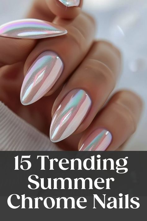 15 colorful chrome nails on a hand. Chrome Fingernail Polish, Chrome Trendy Nails, Opal Nail Color, Summer 2024 Chrome Nails, Mermaid Chrome Nails Designs, How To Get Chrome Nails, Summer Nails Chrome Pink, Chrome Nail Ideas Summer, Summer Nails Metallic