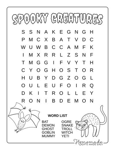 Halloween Word Search Spooky Creatures Easy October Word Search For Kids, Halloween Word Search For Kids, Halloween Word Search Printables, Word Search Puzzles For Kids, Spooky Creatures, Halloween Activity Sheets, Spooky Words, Halloween Classroom Decorations, Easy Word Search