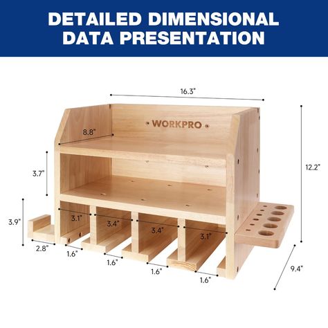 Large Storage Space: Dimensions of the tool holder 16.3" L*9.4" W*12.2" H, Heavy duty floating tool shelf is designed with 2 layers to store more tools, 5 hanging slots for power tools, and one rack for pliers, wrench, and screwdriver. You can keep your tools organized in one central location and fully utilize space. (All tools are not included) 82° Hanging Slot: Your Drills Won't Fall. The hanging slot is made of an 82°angle divider, which makes the tool tilt slightly inward to protect the tool French Cleat Storage, Tool Wall Storage, Tool Shelf, Power Tool Organizer, Power Tool Storage, Drill Holder, Woodworking Tools Workshop, Tool Storage Diy, Workbench Plans