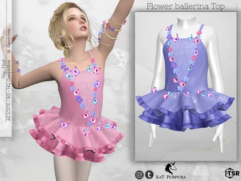 Sims 4 Ballet Cc Kids, Sims 4 Dance Costumes, Sims 4 Ballerina Cc, Sims 4 Ballet Cc, Ts4 Kids, Flower Ballerina, Ballerina Top, Ballet Outfit, Ballerina Kids