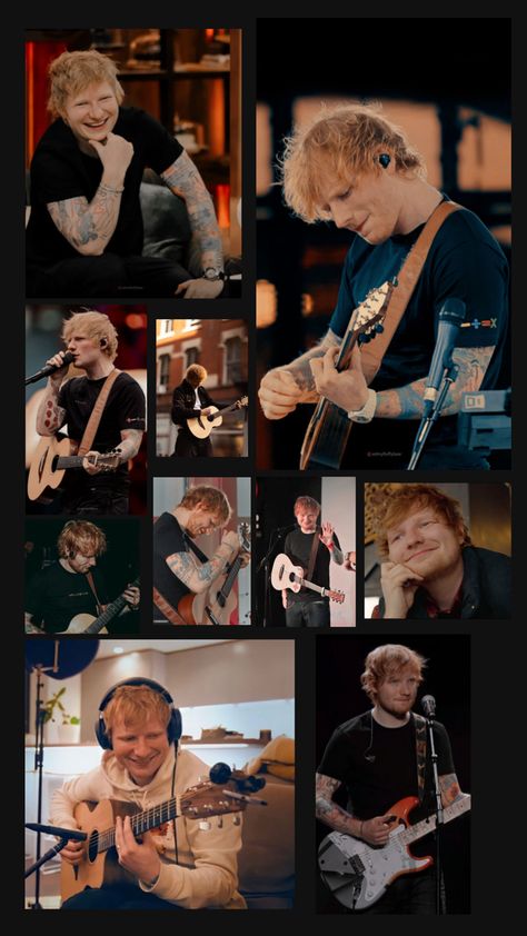 Ed Sheeran collage of pictures with a dark aesthetic and a dark grey background color. 🖤 Ed Sheeran Wallpaper, Collage Of Pictures, Ed Sheeran Love, Dark Grey Background, Grey Background, Aesthetic Collage, Ed Sheeran, Tim Burton, Dark Aesthetic