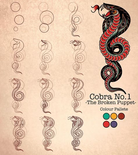 Traditional Tattoo Tutorial, Traditional Tattoo Drawings, Characters From Movies, Learn To Tattoo, Traditional Tattoo Flash Art, Cobra Tattoo, Traditional Tattoo Designs, Tattoo Techniques, Flower Drawing Tutorials