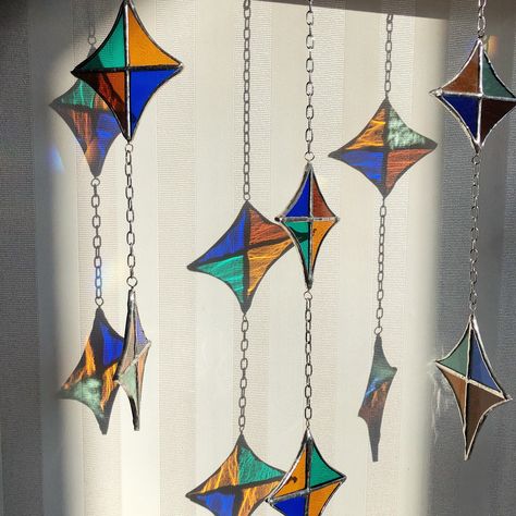 Stained Glass Bedroom Decor, Stained Glass Window Hanging Ideas, Stained Glass Chimes, Modern Stained Glass Art, Stained Glass Art Window, Stained Glass Wind Chimes, Stained Glass Mobile, Stained Glass Hanging, Stained Glass Window Hangings