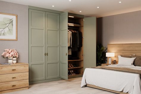 Unique Wardrobe Design, Green Fitted Wardrobes, Built In Wardrobe Doors, Light Green Bedrooms, Alcove Wardrobe, Wardrobe Design Ideas, Fitted Wardrobes Bedroom, Bedroom Wardrobe Ideas, Fitted Wardrobe