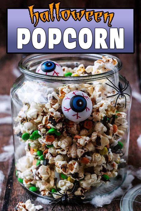 A jar of halloween popcorn with a text overlay label. Super Easy Party Food, Halloween Popcorn Mix, Chocolate Drizzled Popcorn, Halloween Platter, Treat Or Trick, Toddler Finger Foods, Halloween Popcorn, Popcorn Mix, Halloween Sprinkles