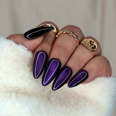 10 Pcs Handmade Press on Nails (Large, Purple Cat Eye/Purple Moon Stone on Black/Almond) A009L Purple Cat Eye Nails, Purple Moon, Eye Nails, Almond Nails Designs, Nails Medium, Star Fish, Cat Eye Nails, Purple Cat, Womens Nails