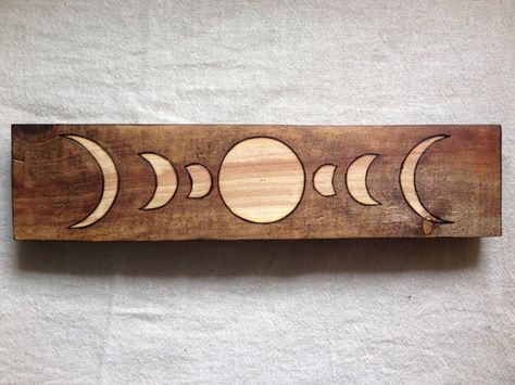 Handmade Wood Burned Moon Phases Plaque Repurposed Wood Projects, Wood Pallet Bed Frame, Wood Moon, Woodburning Projects, Wood Burning Crafts, Wood Burning Patterns, Wood Burning Art, Carving Designs, Themed Crafts