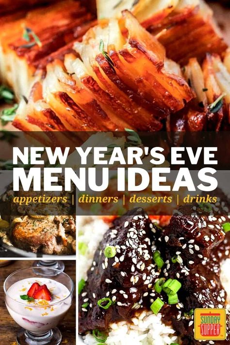 Ring in the new year with my collection of the best New Year's Eve Menu Ideas! From appetizers and dinner to drinks and dessert, these recipes are everything you need to throw an unforgettable party for New Year's Eve. via @thesundaysupper New Year Home Decor Ideas, Party Main Dish, New Years Day Dinner, Nye Food, New Years Dinner Party, New Years Eve Menu, New Year Home Decor, New Years Eve Party Ideas Food, Nye Dinner