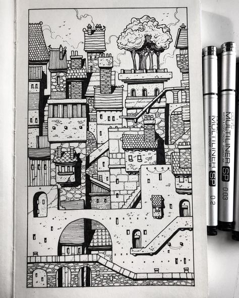 Sketchbook Cityscape.Completed this little sketch in my Moleskine yesterday. Pretty happy with how it turned out. Drawn with Copic Multiliners in a 13x21cm Moleskine. Buy prints of my work here. More... Doodles Sharpie, Pen Art Doodle, Drawing Mermaid, Drawing Bts, Drawing Heart, Ink Pen Art, Architecture Drawing Sketchbooks, Doodle Art Journals, Pen Art Drawings