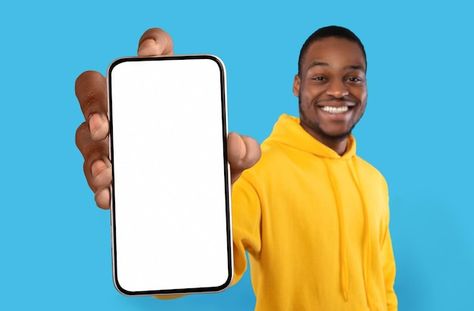 Mobile ad joyful black guy showing big b... | Premium Photo #Freepik #photo #phone-background #phone-template #mobile-design #phone-design Happy New Month Messages, Badminton Photos, Photo Mobile, Khmer New Year, Phone Template, Black Guy, Photo Collage Design, Photo Bank, White Screen