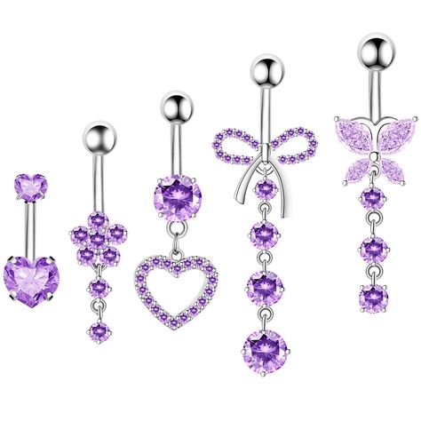 PRICES MAY VARY. Belly Button Ring Set: 1 belly button ring pack includes 5 pieces silver purple belly button rings, 1 piece internally threaded double heart purple cubic zirconia belly ring, 1 piece purple cz flower belly button ring dangle, 1 piece purple cz paved heart dangle belly button ring, 1 piece purple cz bow belly button ring and 1 piece purple cz butterfly belly button ring, so many cute belly button rings for women to choose from and match for your outfit. Belly Button Piercing Jewe Belly Button Piercing Purple, Dragon Goddess, Belly Button Piercing Cute, Belly Button Rings Dangle, Future Jewelry, Navel Piercing Jewelry, Pregnancy Costumes, Belly Button Piercing Jewelry, Heart Purple