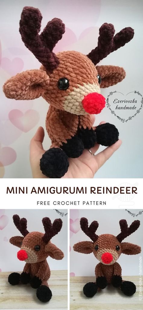 Crochet Reindeer Pattern Free Amigurumi, Mini Reindeer Crochet Pattern, Rudolf Crochet Pattern Free, Reindeer Free Crochet Pattern, Crocheted Reindeer Free Pattern, Amigurumi Reindeer, Christmas Plush Crochet, Christmas Crochet Amigurumi Free Pattern, Free Reindeer Crochet Pattern