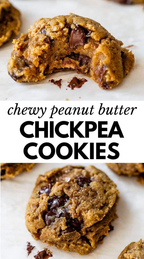 These chewy Peanut Butter Chickpea Cookies are protein-packed and loaded with plenty of peanut butter and minimal sugar. The best part is that they're gluten free, vegan and only 6 ingredients! Healthy Chewy Peanut Butter Cookies, Peanut Butter Free Protein Balls, Chewy Healthy Cookies, Protein Snacks Peanut Butter, Protein Snacks Dairy Free, Snacks With Beans, Chickpea Cookie Bars, Chickpea Protein Cookies, Chic Pea Cookies