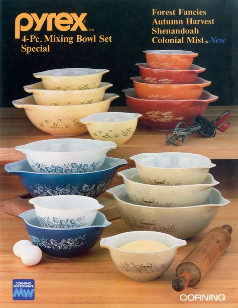 Pyrex 4-Pc. Mixing Bowl Set Special: Forest Fancies, Autumn Harvest, Shenandoah, and Colonial Mist Pyrex Display, Pyrex Vintage Rare, Vintage Pyrex Dishes, Pyrex Patterns, Corning Glass, Pyrex Collection, Vintage Cookware, Mixing Bowl Set, Vintage Dishware