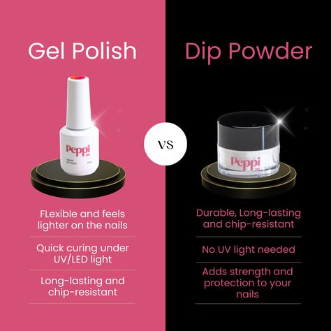 Dip vs. Gel—Which team are you on? 🤔 Here’s why we love both: 💖 Dip Powder: ✧ Durable, Long-lasting and chip-resistant ✧ No UV light needed ✧ Adds strength and protection to your nails 💖Gel Polish: ✧ Flexible and feels lighter on the nails ✧ Quick curing under UV/LED ✧ Long-lasting and chip resistant But no matter your vibe, both are perfect for easy salon-quality nails right from the convenience of home! 💅 ⭐️ Explore Both ⭐️ https://www.peppigel.com/dipdelights - #PeppiGel #DipVsGel #... Uv Light, Dip Powder Nails, Dip Powder, Nails At Home, Dipped Nails, Powder Nails, Uv Led, Gel Nail Polish, Nail Tech