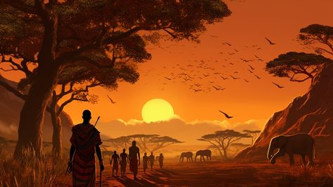 Tread the distance to get to the destinations. Ground Perspective, Quran Stories, Savannah Landscape, Story Painting, Africa Artwork, Grass Clipart, African Literature, African Landscape, African Sunset