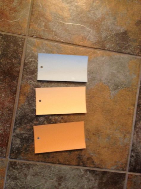 My three new wall colors match my tile.  Benjamin Moore - Ocean City Blue, Creamy Custard, Butterscotch Sundae Butterscotch Sundae, Blue Room Themes, Decor Makeover, California House, Room Theme, Benjamin Moore Colors, Blue Room, Room Display, Paint Colours