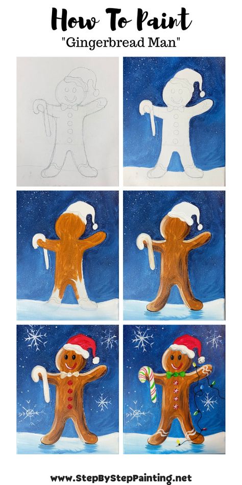 Gingerbread Man Acrylic Painting Tutorial Gingerbread Acrylic Painting, Gingerbread Man Canvas Painting, How To Paint A Gingerbread Man, Christmas Paint Night Ideas Step By Step, Gingerbread Man Art Project, Gingerbread Man Painting On Canvas, Christmas Painting Diy Canvases, Easy Kids Christmas Painting, Christmas Step By Step Painting