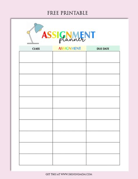 Printable Assignment Planner for Kids and Teens Homework Planner Printable, Planner For Kids, Planners For College Students, Homework Tracker, Assignment Sheet, Assignment Planner, Homework Organization, Homeschool Family, Homework Planner