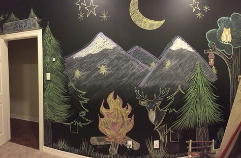 MY side walk chalk mural on a black chalkboard painted wall of a mountain side campsite! The whole shabang! Perfect for a little dude's room! Chalkboard Mountains Art, Mountain Chalkboard Art, Chalkboard Pantry Doors, Chalkboard Paint Wall, Chalk Mural, Waldorf Chalkboard, Camping Room, Black Chalkboard Paint, Side Walk