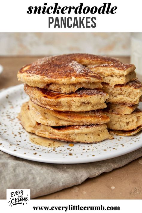 These snickerdoodle pancakes are thick and fluffy, coated with cinnamon sugar and completely reminiscent of snickerdoodle cookies. Cinnamon and sugar pancakes are delicious! You could also think of them as churros pancakes. #cinnamonsugar #churros #snickerdoodle #snickerdoodlepancakes #churrospancakes Snickerdoodle Pancakes, Cinnamon Sugar Pancakes, Cookies Cinnamon, Yummy Pancake Recipe, Crumb Recipe, Autumn Baking, Flavored Pancakes, Slow Cooker Breakfast, Cinnamon Pancakes