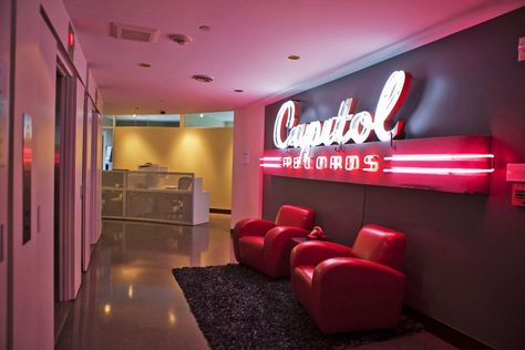 Inside Capitol Records. Curbed L.A. Listening Room, Capitol Records, Record Players, Studio Interior, Music Studio, Record Label, Music Record, To Look, Neon